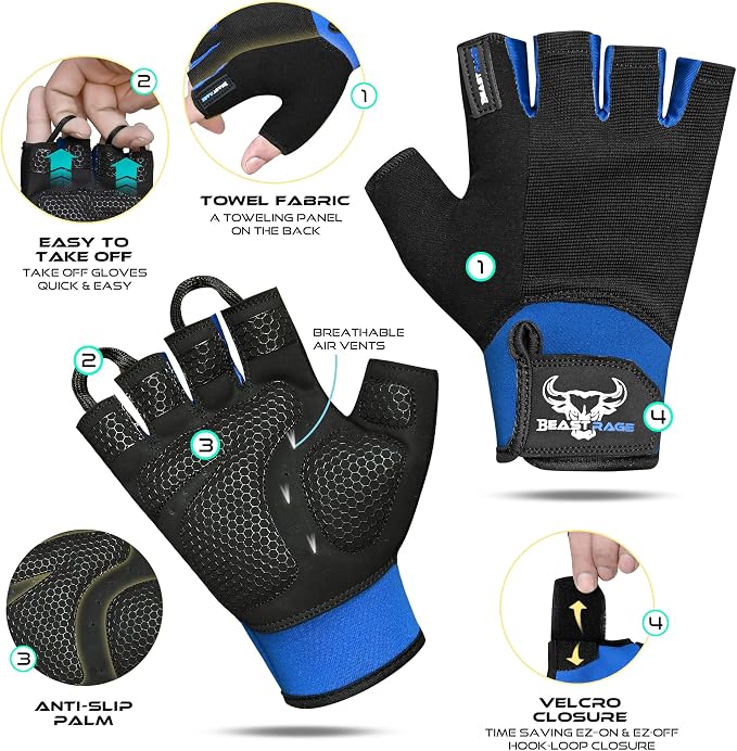 BEAST RAGE Workout Gloves for Men, Durable Palm Grip Gym Gloves Women Half Finger Elasticated Training Weight Lifting Strength Bodybuilding Anti Slip Cycling Gloves Exercise