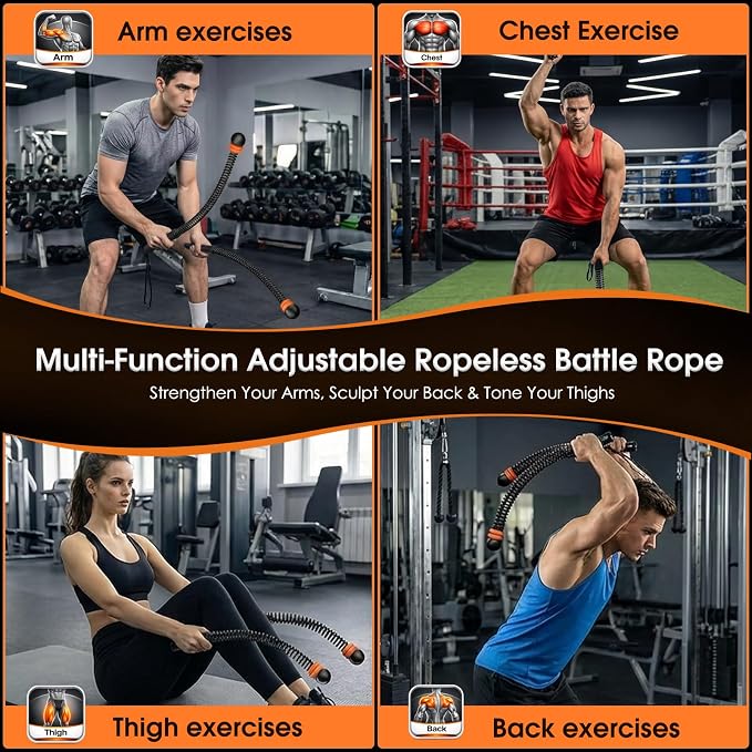 Ropeless Battle Rope Portable Cordless Weighted for Home Gym(Black) | Adjustable sliding weights No anchor needed Non-slip grip & wrist strap Quiet HIIT at home Full-body cardio & strength