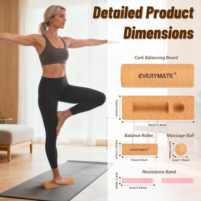 Cork Balance Board Kit, Foot & Ankle Strengthener with Massage Roller/Ball,Balance Board Half & Half-Moon Ball, for Enhance Mobility & Prevent Falls Improve Foot Function for Home/Office/Gym