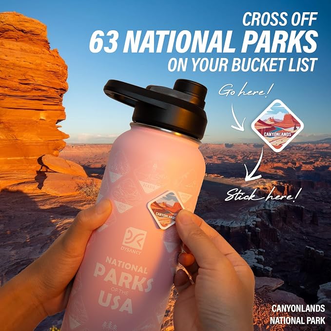DYSANKY National Parks Water Bottle – 32 oz Insulated Stainless Steel Bottle with 63 Hand-Drawn Park Stickers, Carrier Bag, Strap & Gift Box – BPA-Free – Ideal for Hiking, Camping & Travel