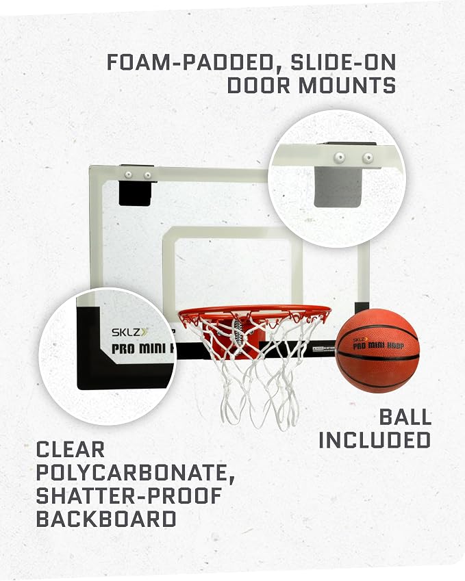 SKLZ Pro Mini Indoor Basketball Hoop with Ball, Over the Door, Shatter-Proof Backboard, Spring-Action Break-Away Steel Rim, Great for Home, Dorm Room, and Office