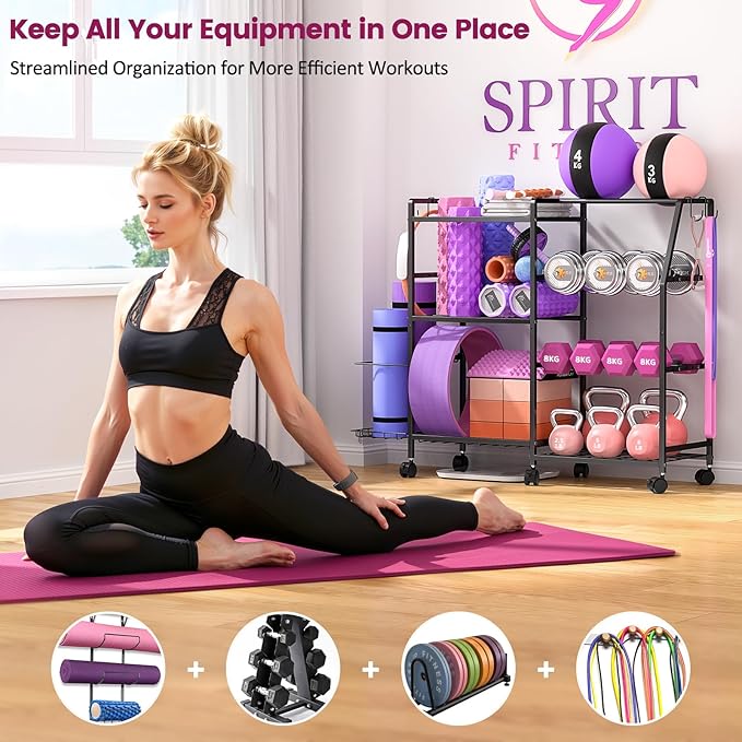 Dumbbell Rack, Weight Rack for Home Gym, Yoga Mat Storage Rack, Exercise Equipment Storage with Wheels and Hooks, Home Gym Equipment Organizer for Kettlebells