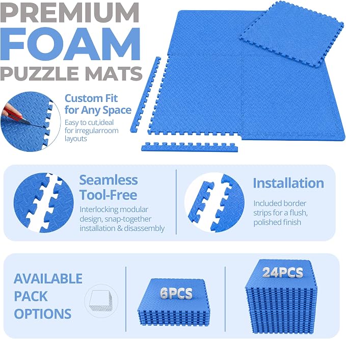 HulkFit Puzzle Exercise Mat, 3/4 Inch EVA Interlocking Foam Gym Flooring for Home Gym, Garage, Apartments, High-Density Shock-Absorbing Floor Tiles for Workout Equipment, MMA, Gymnastics, 6 Tiles