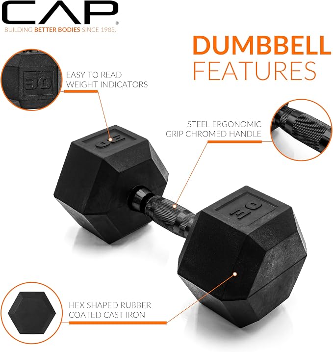 CAP Rubber Coated Dumbbell Weights, Free Weights for Home Gym Strength Training, Anti-Roll Hex Dumbbells with Black, Chrome & Comfort Grip Handles, Pairs & Sets