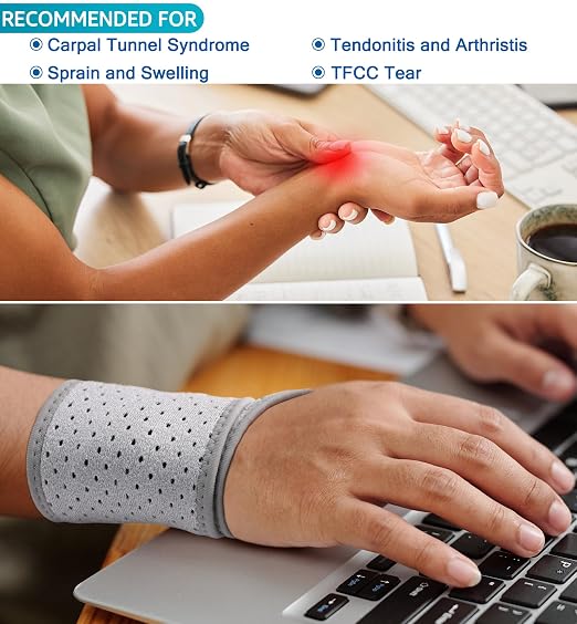 Breathable Wrist Brace (2 Pack) for Relieve Wrist Pain from Carpal Tunnel, Arthritis, Tendonitis, Sprain, TFCC | Adjustable Wrist Wraps Support for Weightlifting, Tennis - Fits All (Gray)
