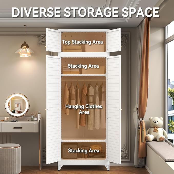 Polup 86" Tall Metal Armoire Wardrobe Closet for Hanging Clothes | White Heavy Duty Steel 4-Door Clothing Storage Cabinet with Adjustable Shelves, Rod, for Bedroom, Office (Ships in 2 Boxes)