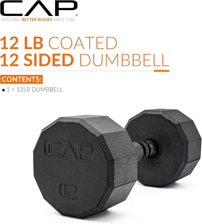 CAP Rubber Coated Dumbbell Weights, Free Weights for Home Gym Strength Training, Anti-Roll Hex Dumbbells with Black, Chrome & Comfort Grip Handles, Singles