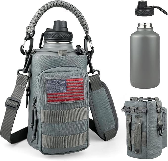 DEFUNX Half Gallon Water Bottle Insulated with Sleeve - Tactical 64 oz Stainless Steel Water Jug with MOLLE Water Bottle Pouch, Gym Water Bottles for Men Hiking Workout (Grey)