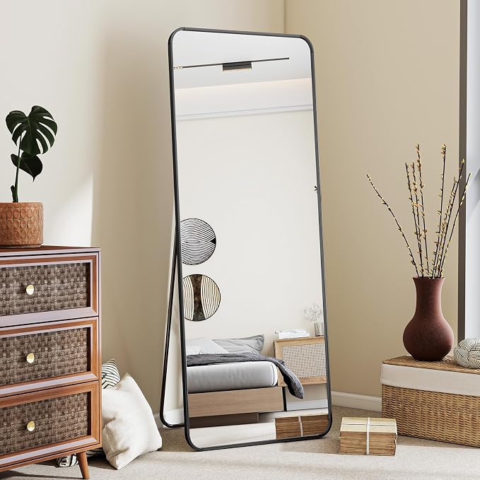 BEAUTYPEAK Black Full Length Mirror, 56"x21" Rounded Corner Floor Mirror Standing Hanging or Leaning Against Wall, Suitable for Bedroom or Dressing Room | Aluminum Alloy Frame with Standing, Leaning, or Wall-Mounted, Ideal for Bedroom, Dressing Room, E...