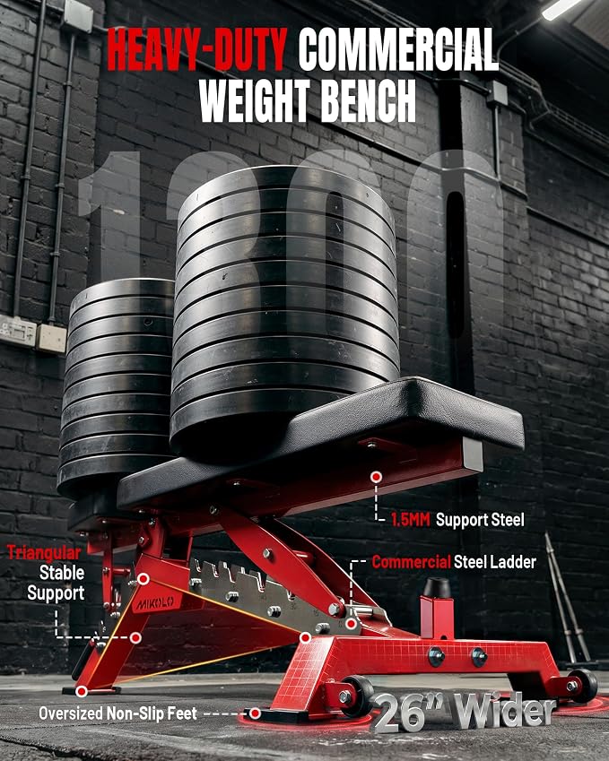 Mikolo Weight Bench - 1300 Weight Capacity and 40 Adjustable Positions for Full Body Workouts, Incline, Decline and Flat Setting for Garage and Home Gym