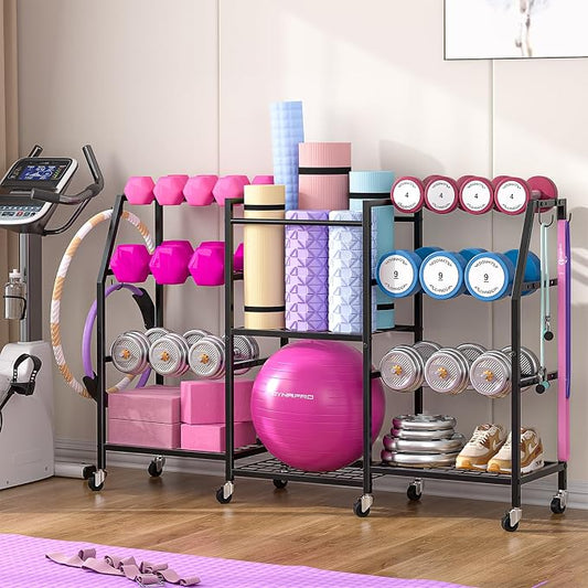 Dumbbell Rack, Yoga Mat Storage Rack, Home Gym Storage Rack for Kettlebells, Exercise Equipment Storage with Wheels and Hooks, All in One Home Gym Equipment Organizer