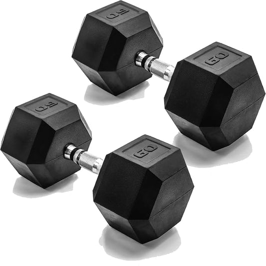 CAP Rubber Coated Dumbbell Weights, Free Weights for Home Gym Strength Training, Anti-Roll Hex Dumbbells with Black, Chrome & Comfort Grip Handles, Pairs & Sets