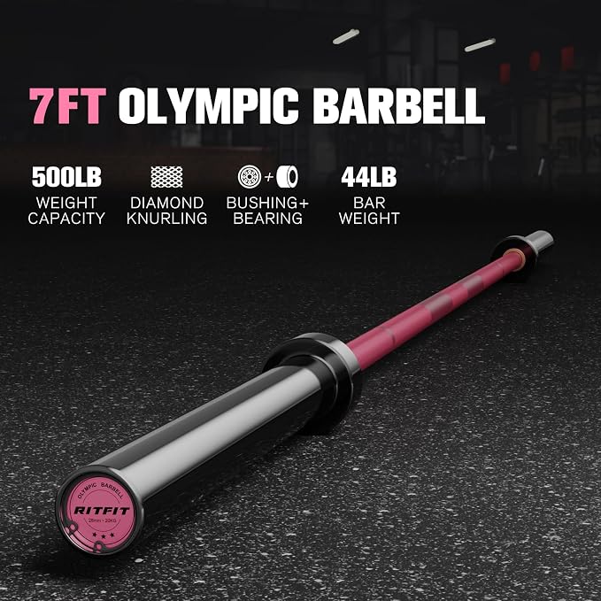 RitFit Elite 7ft Olympic Barbell, Robust 45lb Barbell for Weightlifting and Powerlifting, Superior Olympic Bar with Exceptional 500lbs Load Capacity, Weight Bar for 2” Standard Plates