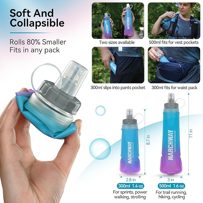MARCHWAY Soft Hydration Flask with Wide Mouth, 300ml/500ml Collapsible TPU Water Bottle, Leakproof Portable Flexible for Running, Hiking, Cycling, Climbing, Gym, Travel (2pcs Blue-Purple 500ml)