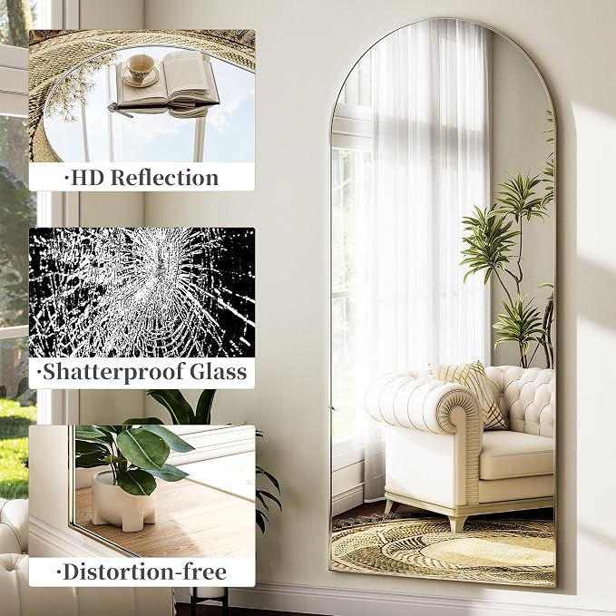 Arched Full Length Mirror 64"x21" Leaning Hanging Decor Silver | Standing Body Mirror with Aluminum Frame for Bedroom Cloakroom Living Room Make-up Gift