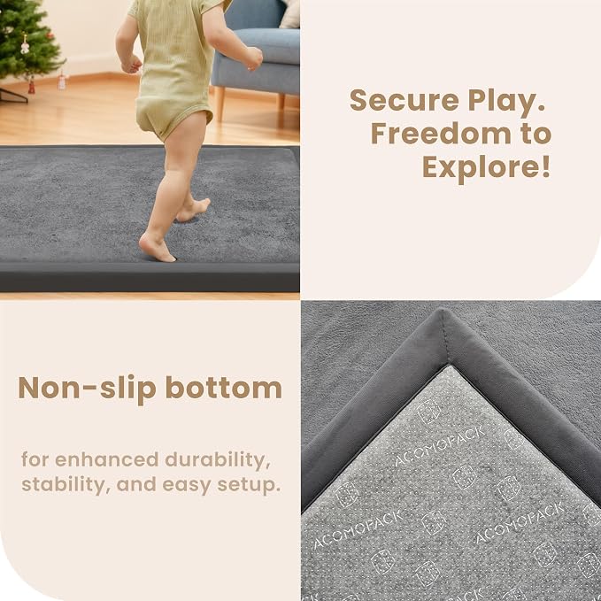 ACOMOPACK Baby Play Mat for Floor 1.3" Thick Memory Foam Play Mat 39"×59" Tummy Time Crawling with Non-slip Bottom for Living Room,Nursery,Soft Velvet Playpen Mats for Kids,Infants（Dark Grey）
