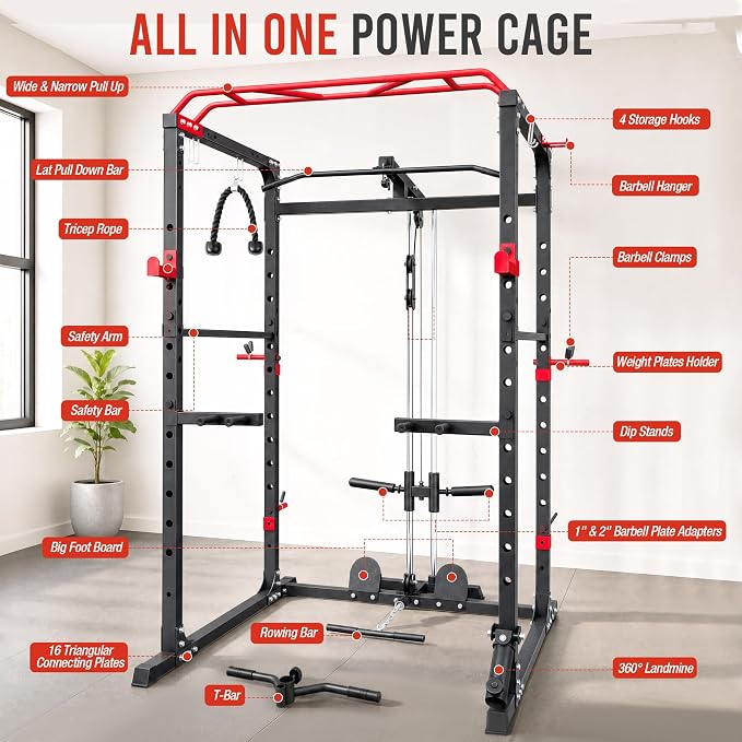HulkFit Power Rack, Multi-Function Squat Rack with LAT Pull Down, Power Cage with Pulley System, Strength Training Home Gym Equipment with Workout Equipment Attachments, Cable Machine for Home Gym