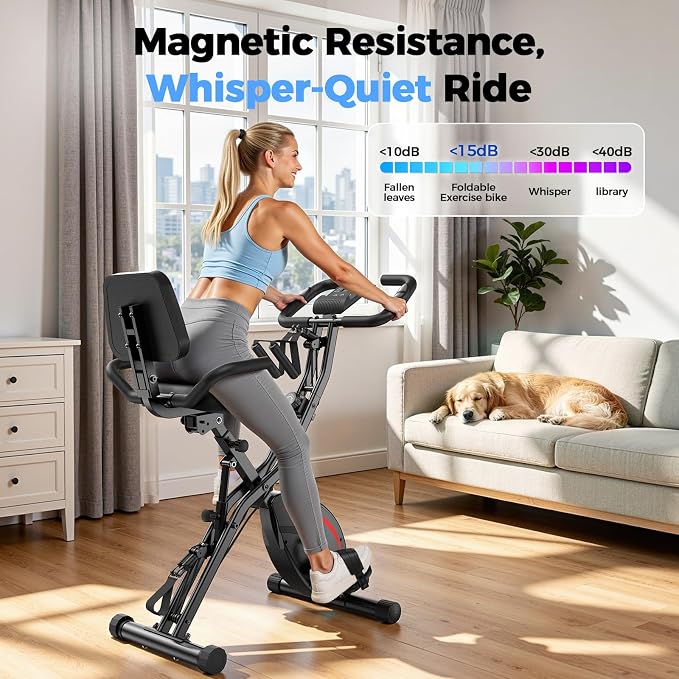 Pleny Folding Exercise Bike, 5 IN 1 Stationary Bikes for Home 6.6 LBS Flywheel, 330LB Weight Capacity Back Support Cushion Indoor Workout Cycling Bike for Home Gym