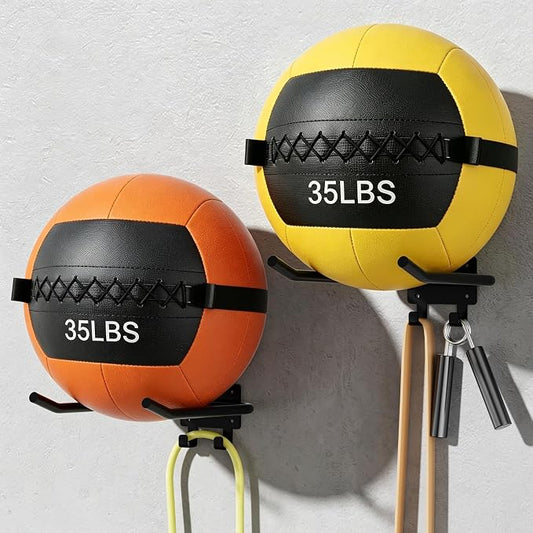 2 Packs Medicine Ball Rack Wall Mount Exercise Ball Holder with Hook | Med Ball Holder, Heavy Duty, Holds Up to 44 lbs, Fits Balls 7.5" + Diameter, Space Saving, Home Gym/Garage Gym Organizer