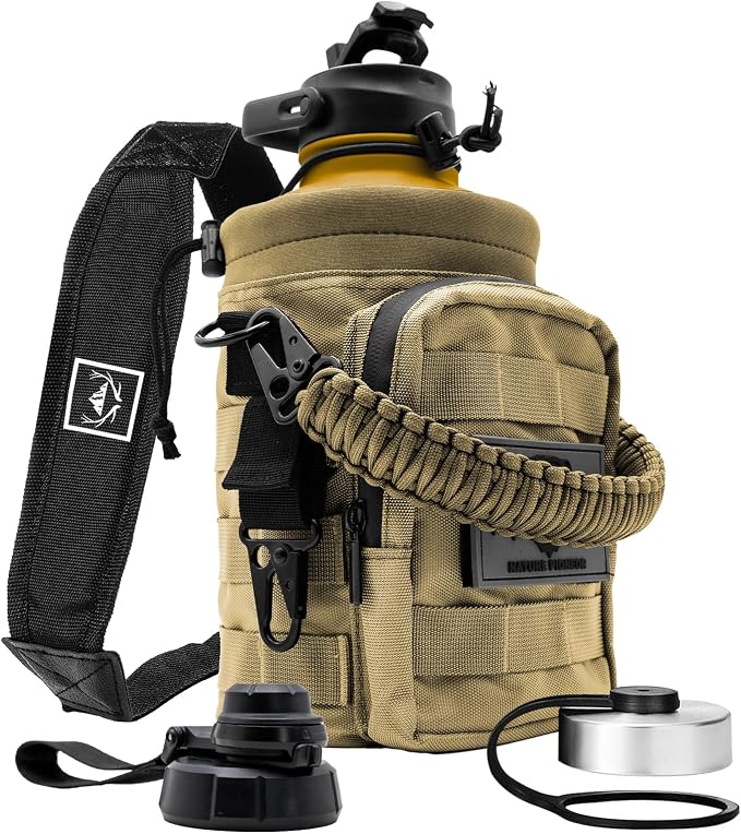 NATURE PIONEOR 64 oz Tactical Water Bottle with MOLLE Bottle Pouch & 3 Lids | 18/8 Food-grade Stainless Steel, Double Vacuum Insulation, 3 Leak-proof Lids, Handle, Strap, Camping, Hiking, Gym, Work