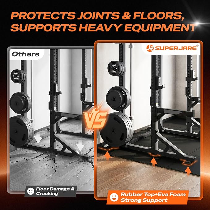SUPERJARE 0.56'' Thick 6 Pcs 24 Sq Ft Rubber Top Exercise Equipment Mats, High Density EVA Foam Mats with Rubber Top, Interlocking Gym Flooring for Home Gym, Protective Workout Mat, Black