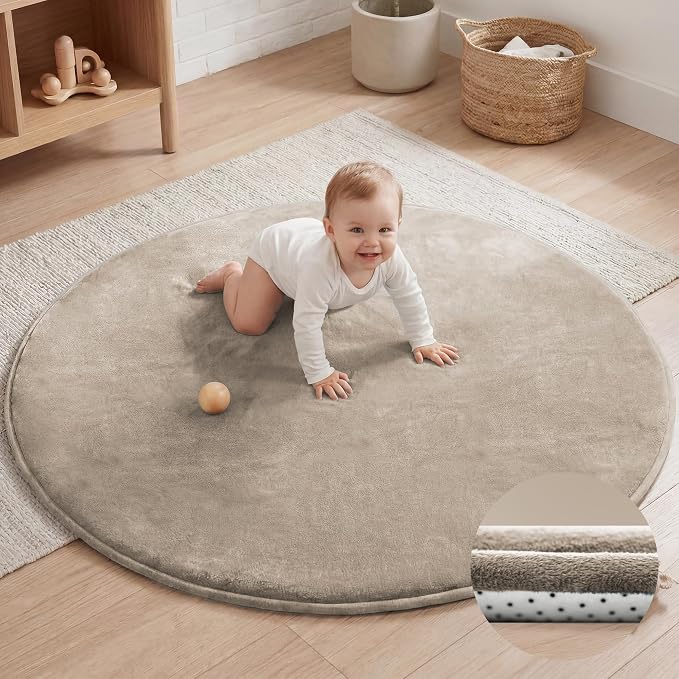 Baby Play Mat for Floor,1.3" Thick Elasti-Foam 47in Round Mat for Tummy Time,Water Repellent Soft Coral Velvet for Toddler,Infant,Kids,Non-Slip Backing Safe for Crawling(Beige)