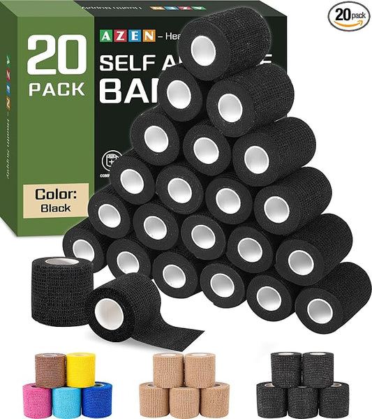AZEN 20 Pack Self Adhesive Bandage Wrap Black, Black Athletic Tape, Vet Wrap, Tattoo Grip Tape Wrap, Ankle Tape, Cohesive Bandage Wrap
