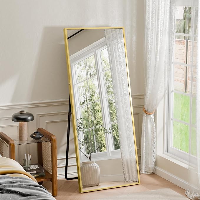 56"×18" Full Length Mirror, 2 Pcs Shatterproof Tempered Glass Floor Mirror, Alum Alloy Thin Frame Standing Mirror with Freestanding/Leaning/Wall Mount for Bedroom, Living Room & Entryway, Gold