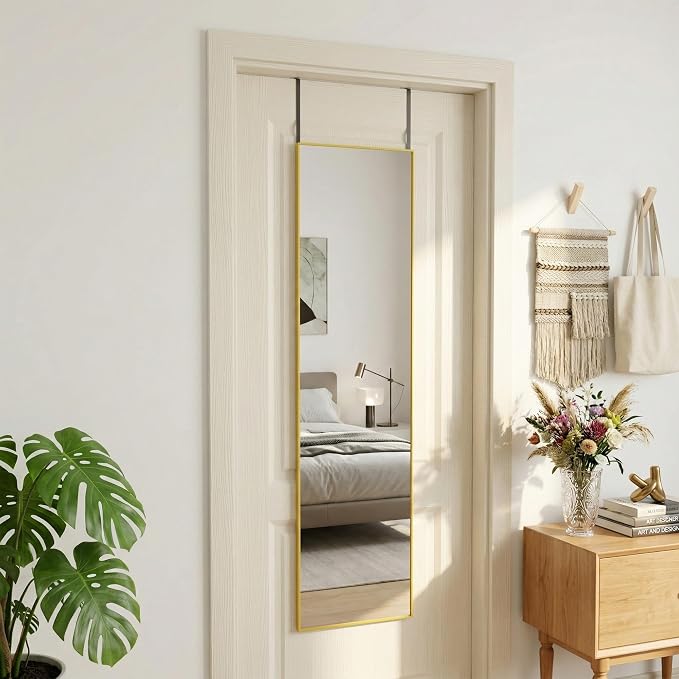 Antok Full Length Mirror, 56"x15" Floor Mirror with Stand, Hanging Mounted Mirrors for Bedroom, Living Room, Cloakroom, Dining Room, Gold, Rect