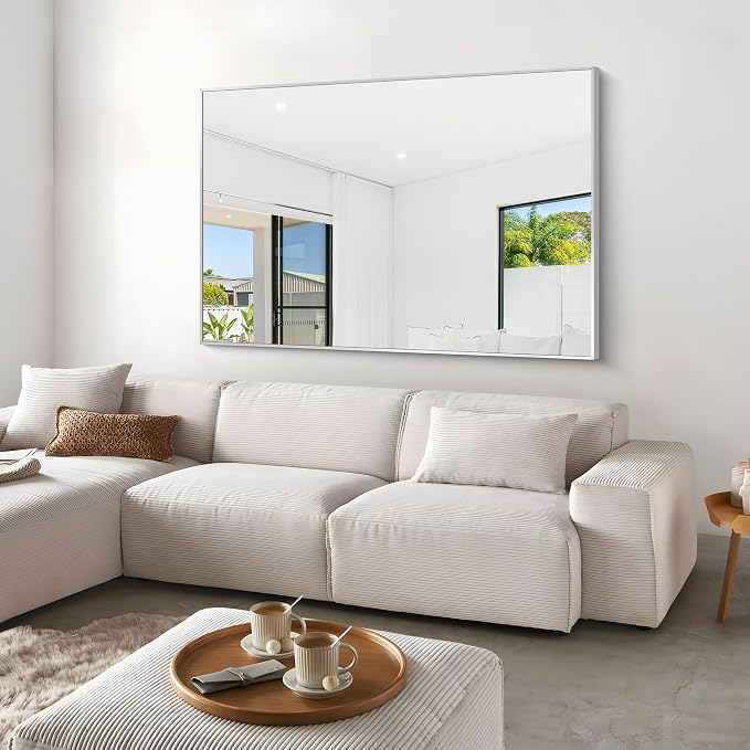BONEWEI Silver Bathroom Mirror,60x40 inch Wall Mirror for Bathroom Wall Mounted,Large Rectangle Mirror for Bathroom Over Sink,Modern Metal Frame for Living Room,Bedroom Entryway,Horizontal/Vertical