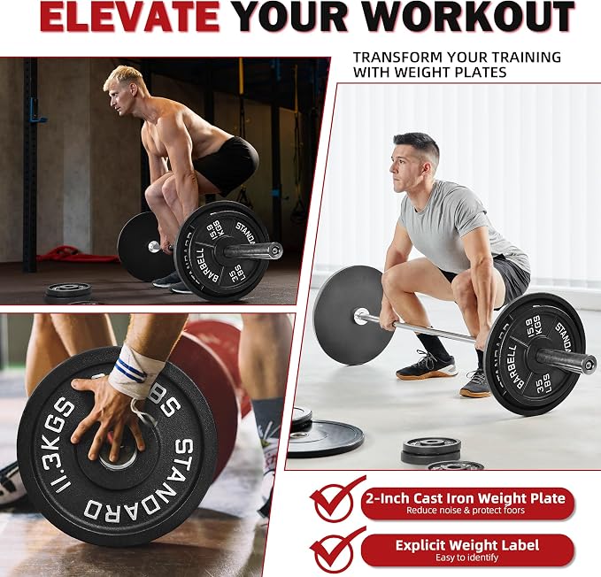 2" Cast Iron Weight Plates | 2.5LB to 45LB Standard Gym Plates (Singles, Pairs & Multi-Pack Sets) | Black with Silver Numbers for Barbell, Dumbbell, Powerlifting & Home Gym