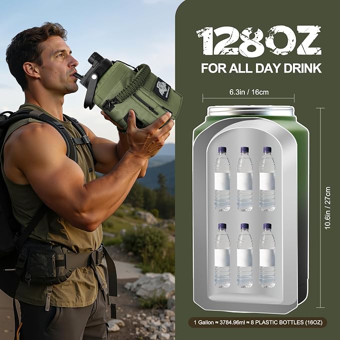 NATURE PIONEOR 128oz/1 Gallon Tactical Water Bottle with MOLLE Bottle Pouch | 18/8 Food-grade Stainless Steel, Double Vacuum Insulation, Wide-Mouth, Straw & Spout Lid, Strap, Camping, Hiking, Gym, Work
