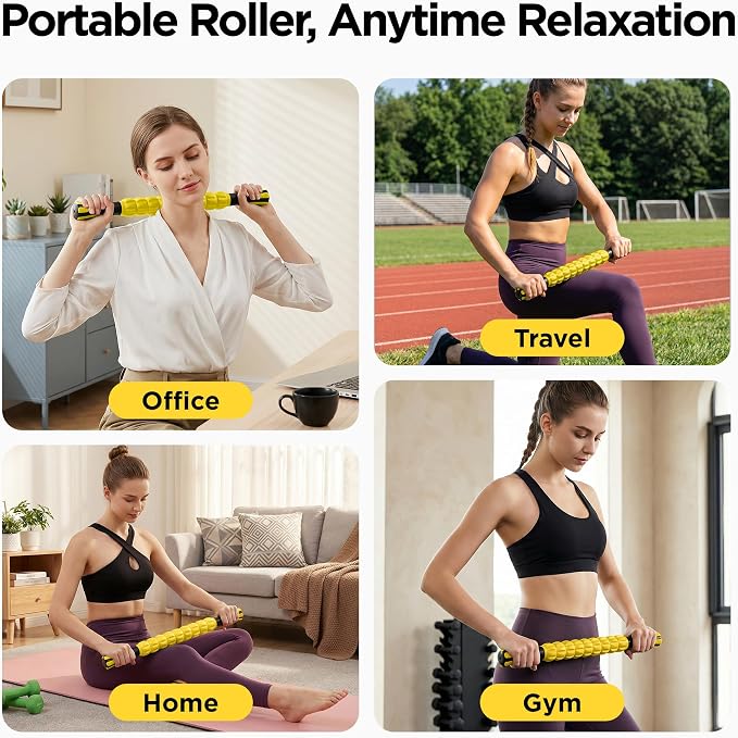 Muscle Roller & Massage Roller Stick for Athletes - Lymphatic Drainage Support, Relieves Muscle Soreness, Cramping & Tightness - Targets Legs, Arms, Back & Calves （Yellow）