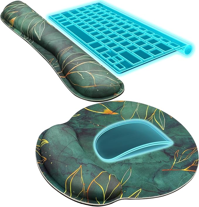 KTRIO Keyboard Wrist Rest & Mouse Pad with Wrist Rest, Green Leaves | Memory Foam Wrist Support, Ergonomic Design, Non-Slip Base, Office and Home Use