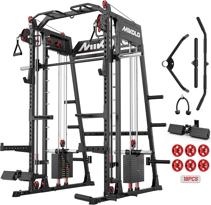 Mikolo M4 2.0 Smith Machine, 2200lbs Squat Rack with LAT-Pull Down System & Cable Crossover Machine, Training Equipment with Leg Hold-Down Attachment