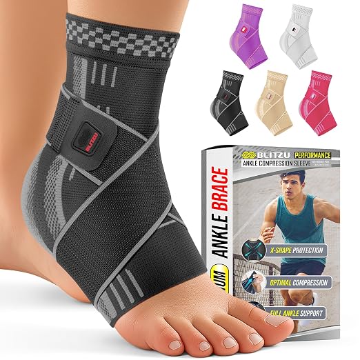 BLITZU Ankle Brace for Men & Women, Foot Compression Sleeve w/Arch Support | Open Toe Socks, Stabilizing Wrap for Torn Ligaments, Sprained Ankle, Achilles Tendonitis, Arthritis, Recovery, Sport, Fitness