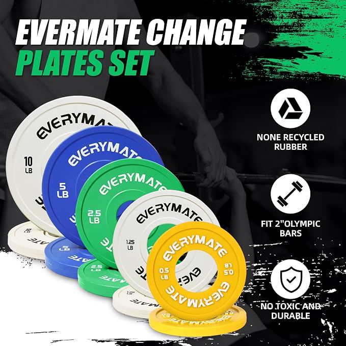 EVERYMATE Change Weight Plates 1.25LB 2.5LB 5LB Set Fractional Plate Olympic Bumper Plates for Cross Training Bumper Weight Plates Steel Insert Strength Training Weight Plates