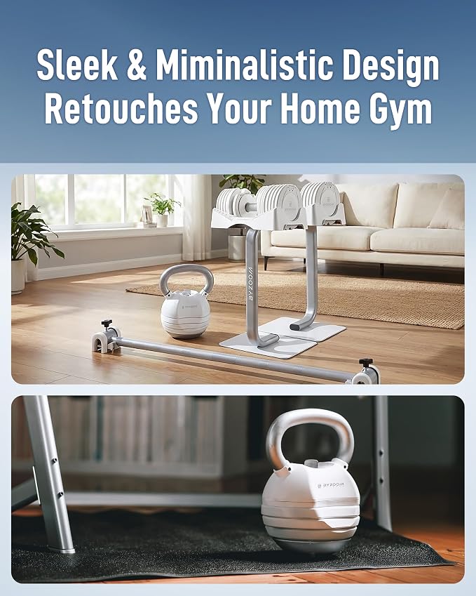 BYZOOM FITNESS Pure Series Adjustable Kettlebell 30/40/50LB - 5-IN-1 Weight Change, Patented Quick-Change Machenism, Ergonomic Curved Handle for Home Gym, Strength Training, HIIT, White OR Black