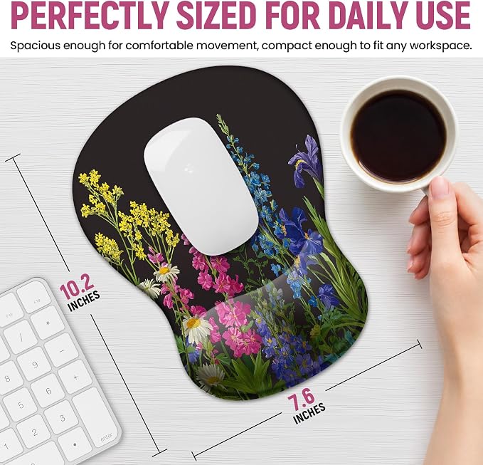 Ergonomic Mouse Pad with Wrist Rest, Gel Wrist Support, Bloom | 10.2 x 7.6 in Mouse Pad with Smooth Fabric Surface and Non-Slip Rubber Base for Office, Home, Study, and Gaming