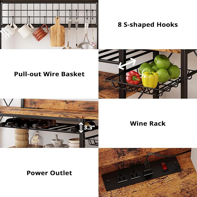 IRONCK 62.4-Inch Bakers Rack with Power Outlets and Wine Storage | 62.4-inch wide bakers rack combines 5 shelves, 3 AC outlets, a wine rack, basket, and S-hooks.