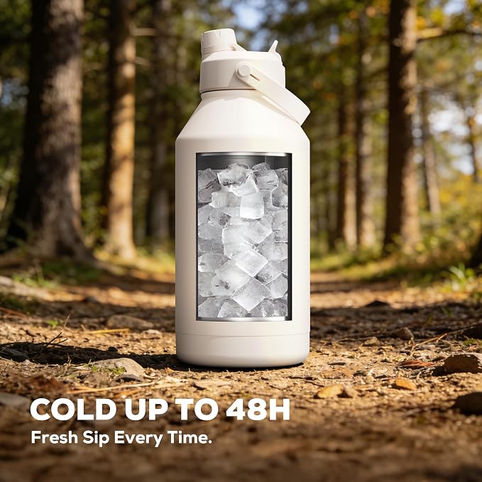 POWCAN 64 oz Water Bottle Insulated with 2-in-1 Straw and Spout Lid, Carrier Bag, Handle Strap, Leakproof, BPA-Free, Half Gallon Metal Water Bottle for Camping, Picnic and Hydration (Cream)