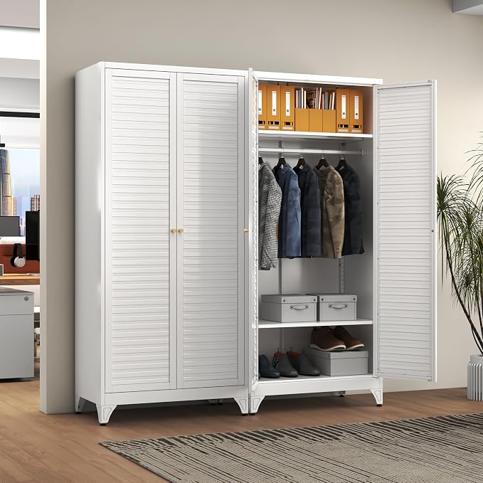 Polup Metal Armoire Wardrobe Closet with Doors, 71" Tall Wardrobe Cabinet | Heavy Duty Steel Clothing Storage Cabinet with Adjustable Shelves, Hanging Rod, for Bedroom, Office, Employee, Gym, White