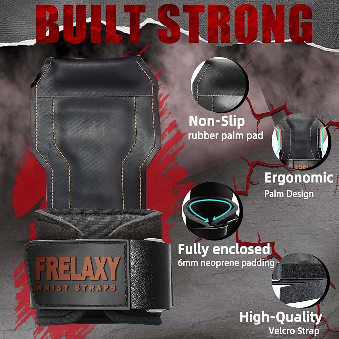 Frelaxy Lifting Wrist Straps, Rubber Weight Lifting Grips for Deadlifts | Non-slip rubber palm, Full palm protection, Neoprene wrist padding, Enhanced grip support, Pull ups rows lat pulldowns