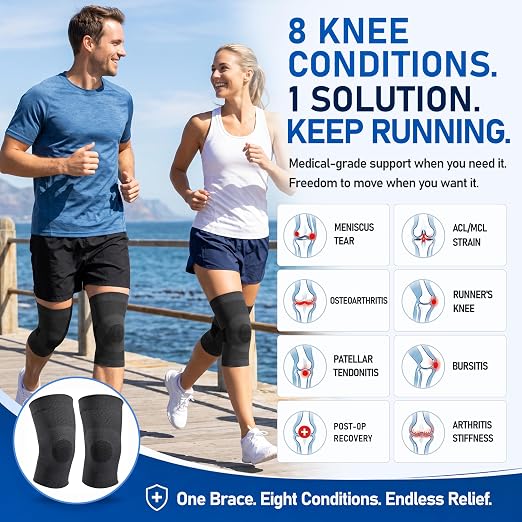 NURCOM Knee Brace, 8-Zone Compression Sleeve, Black XL | For Meniscus Tear, Arthritis, Acl, Mcl, Tendonitis & Joint Pain Relief, Running, Workouts, Recovery, Pair Pack, Men & Women