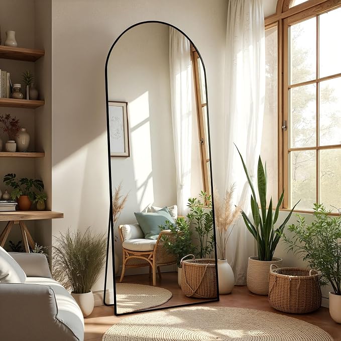 Arched Full Length Mirror 65"x24" Leaning Hanging Decor Black | Standing Body Mirror with Aluminum Frame for Bedroom Cloakroom Living Room Make-up Gift