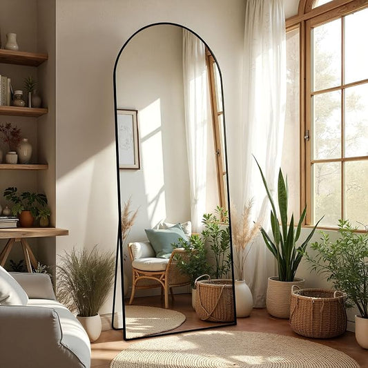 Arched Full Length Mirror 65"x24" Leaning Hanging Decor Black | Standing Body Mirror with Aluminum Frame for Bedroom Cloakroom Living Room Make-up Gift