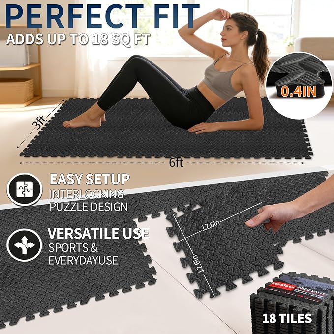 Gym Flooring for Home Gym, 18 PCS Anti-Slip Interlocking Foam Floor Tiles, 12.6"x12.6"x0.4" EVA Exercise Mats, Puzzle Floor Mat For Workout, Yoga, Kids Play Area, Treadmill, Garage