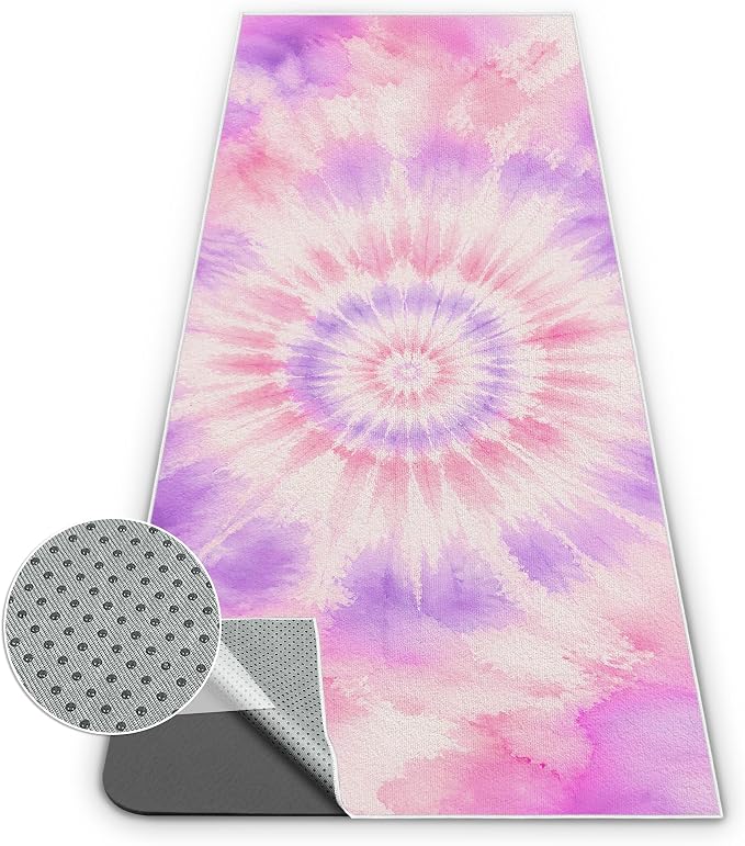 Yoga Mat Towel Non Slip Ultra-Absorbent Hot Yoga Towel, Super Stylish Printed Sweat Hot Yoga Towel, Ideal for Home, Workouts, Pilates, Yoga, 72 x 27in, Purple & Pink Tie Dye