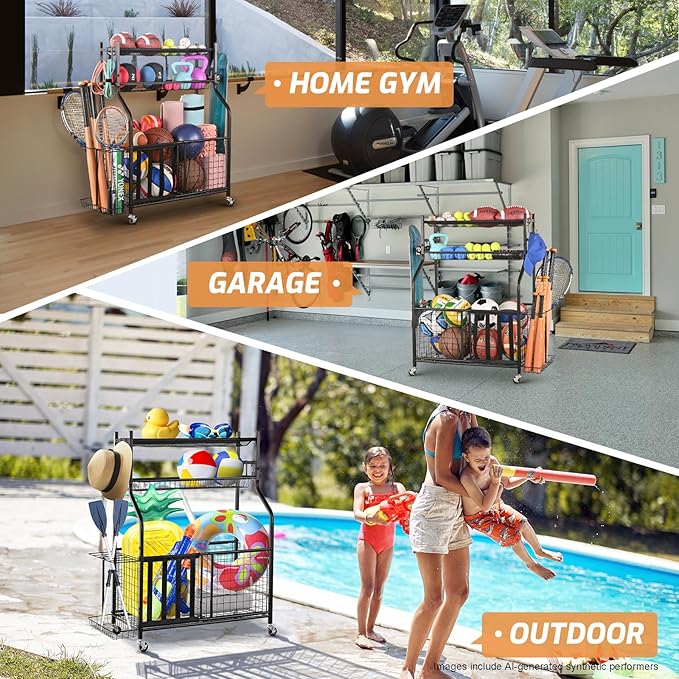 PLKOW Sports Equipment Storage for Garage, Indoor/Outdoor Sports Rack for Garage, Ball Storage Garage Organizer with Basket and Hooks,Toy/Sports Gear Storage