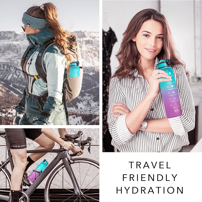 Hyeta Water Bottle with Straw & Time Marker, Plastic 32oz Leakproof | Motivational Tritan BPA Free Gym Office Outdoor Intake Tracker Hourly Reminder Straw Lid Carry Strap